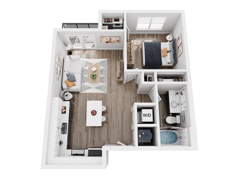 Floor plan for 1 bed, 1 bath, 643 sqft